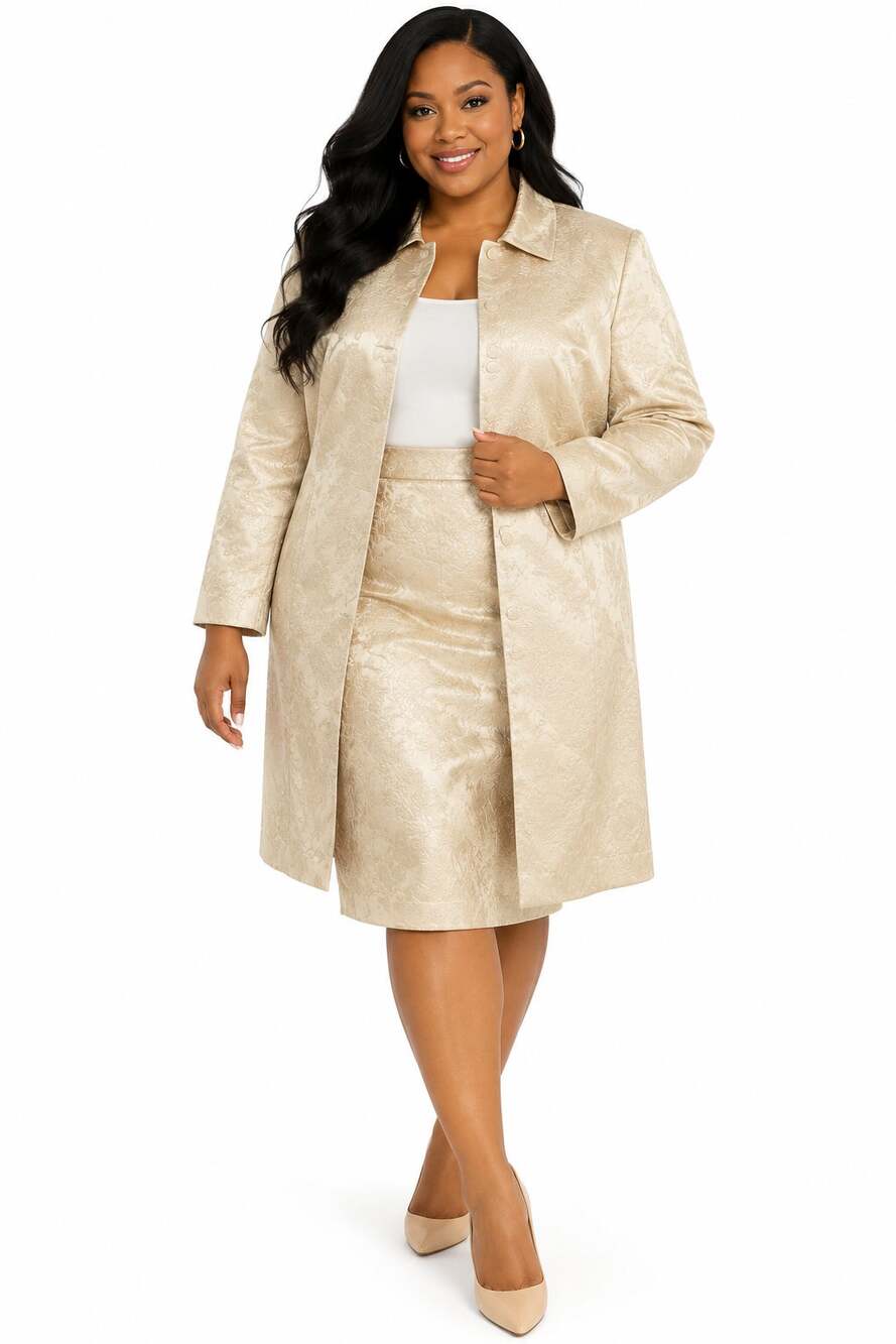Morgan Miller Womens Size 18 Champagne Floral Jacquard Long Jacket Skirt Suit
